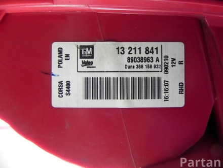 VAUXHALL 13 211 841, 89038963 A, 368 158 932 / 13211841, 89038963A, 368158932 CORSAVAN Mk III (D) 2010 Taillight Left